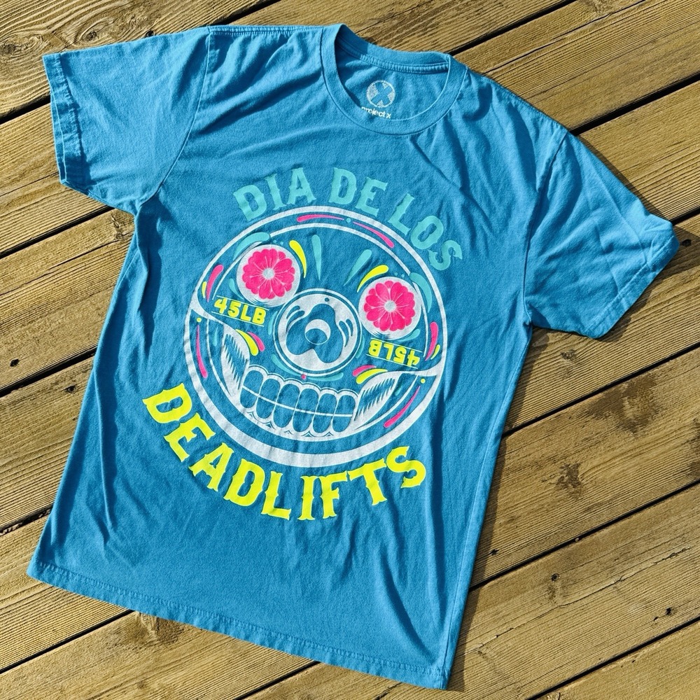 Dia De Los Deadlifts T Shirt Mens M Blue Sugar Skull Gym Deadlift Tee